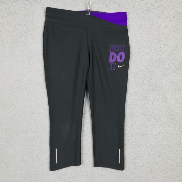 Nike Pants - Nike Womens Pants Leggings Capri Black Purple "Just Do It" Running‎ Pull On M